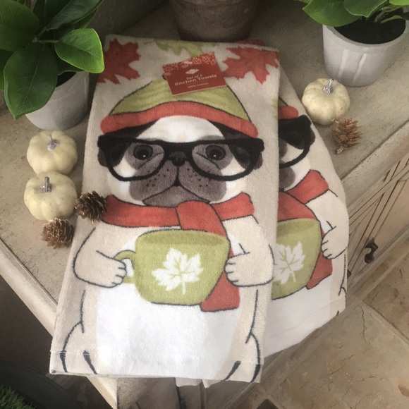 Adorable Fall Pug plush kitchen towels 100% cotton - Picture 2 of 8